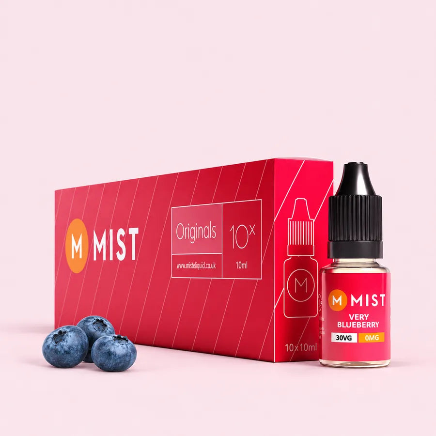 MIST Very Blueberry 10 x 10ml box and 10ml bottle with blueberries