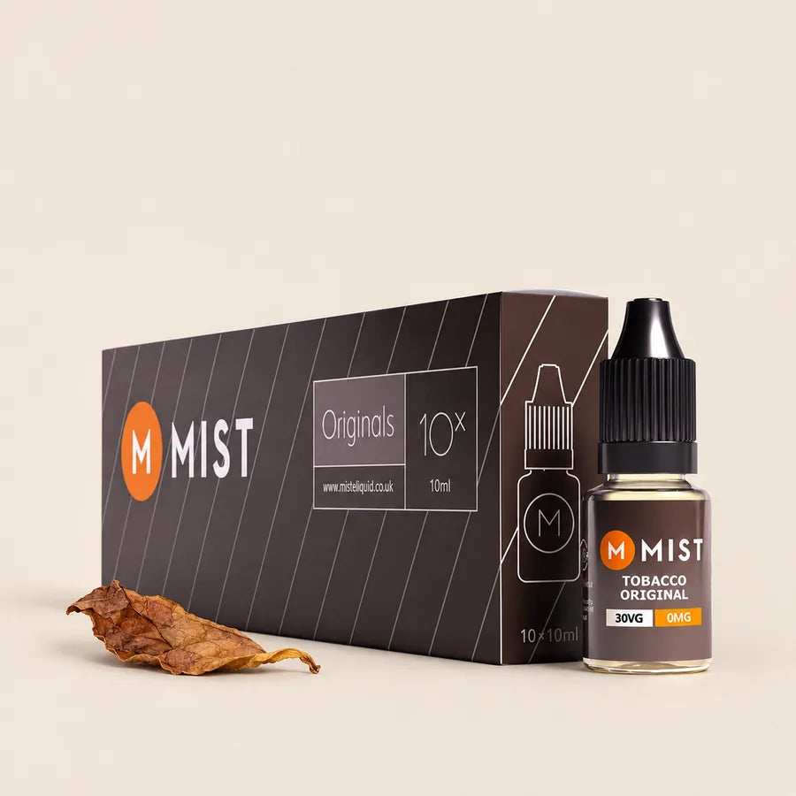 MIST Tobacco Original 10 x 10ml box and 10ml bottle with a tobacco leaf