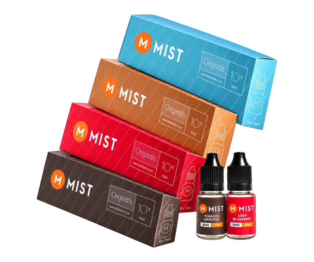 MIST Originals 10 x 10ml boxes in Menthol, Vanilla Custard, Tobacco Original and Very Blueberry, with Tobacco Original and Very Blueberry 10ml bottles