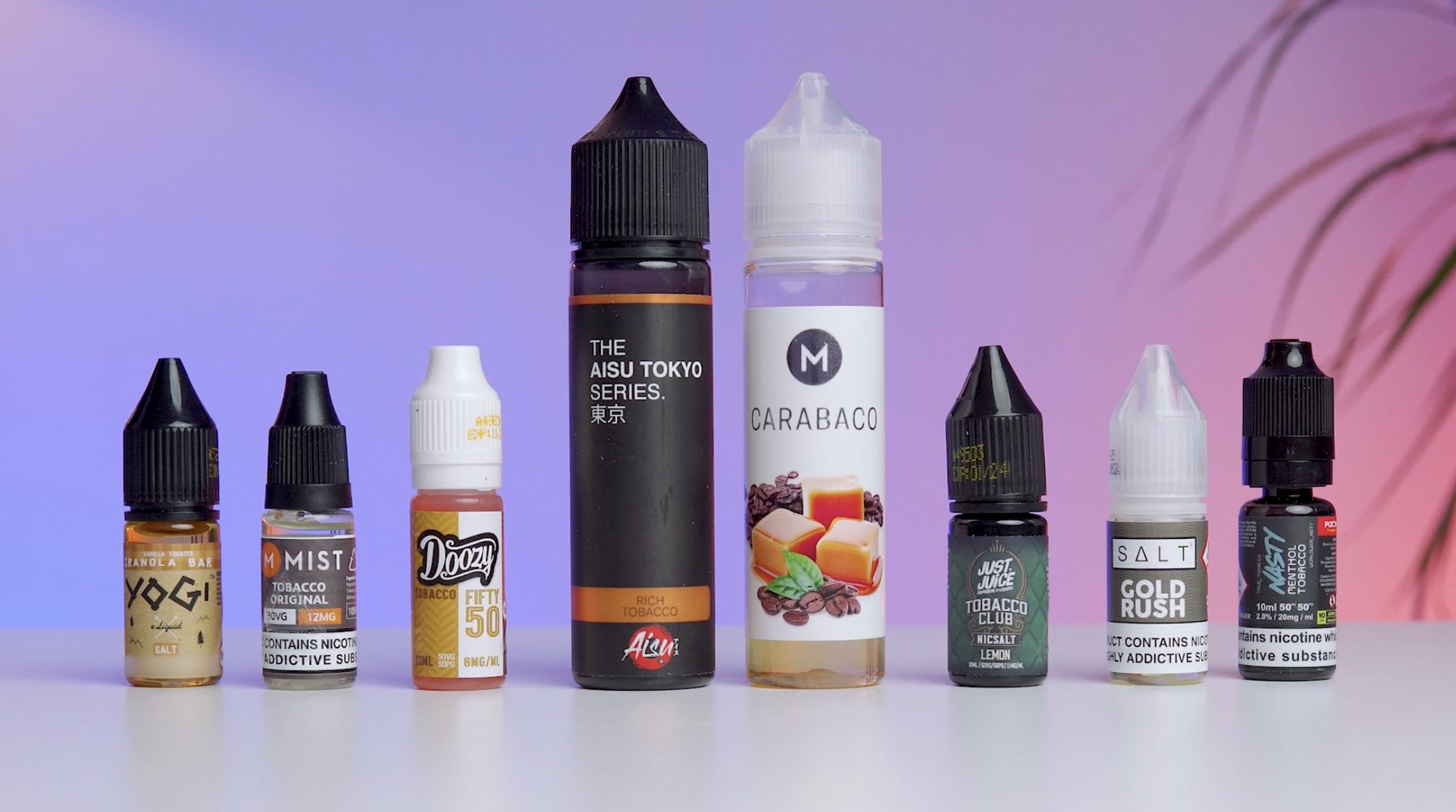 Photo showing the best tobacco vape juices on a table.