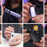A photo collage of a person holding different types of vapes.
