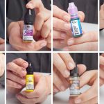 A photo collage showing a person holding different types of vape juice
