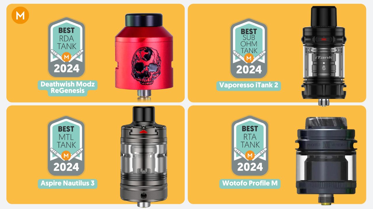 Photo showing MIST Vape Awards 2024 winners for best MTL tank, best sub-ohm tank, best RDA and best RTA tank