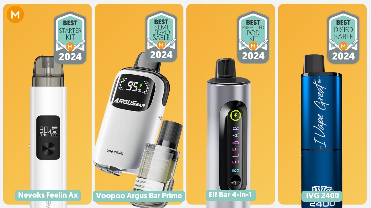 Photo showing the MIST Vape Awards winners 2024 for best disposable, best semi-disposable, best prefilled, and best starter kt