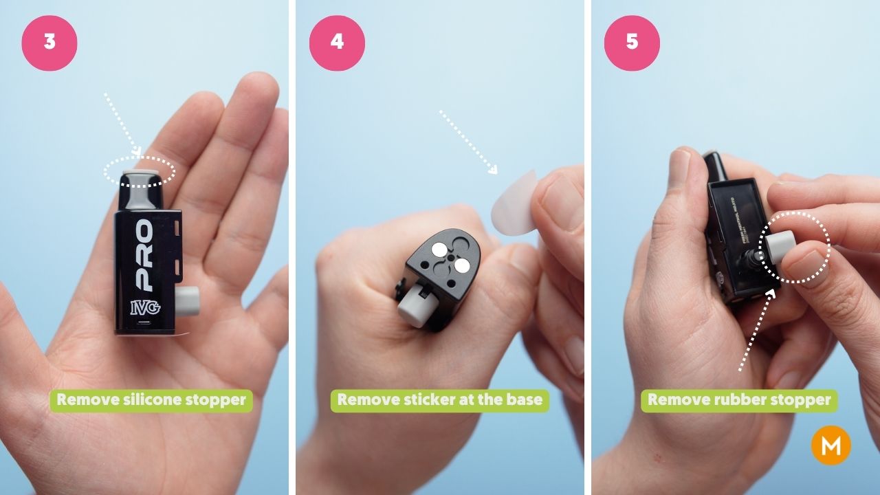 Photo showing removing the stickers and rubber stoppers of the IVG Pro 12 pod