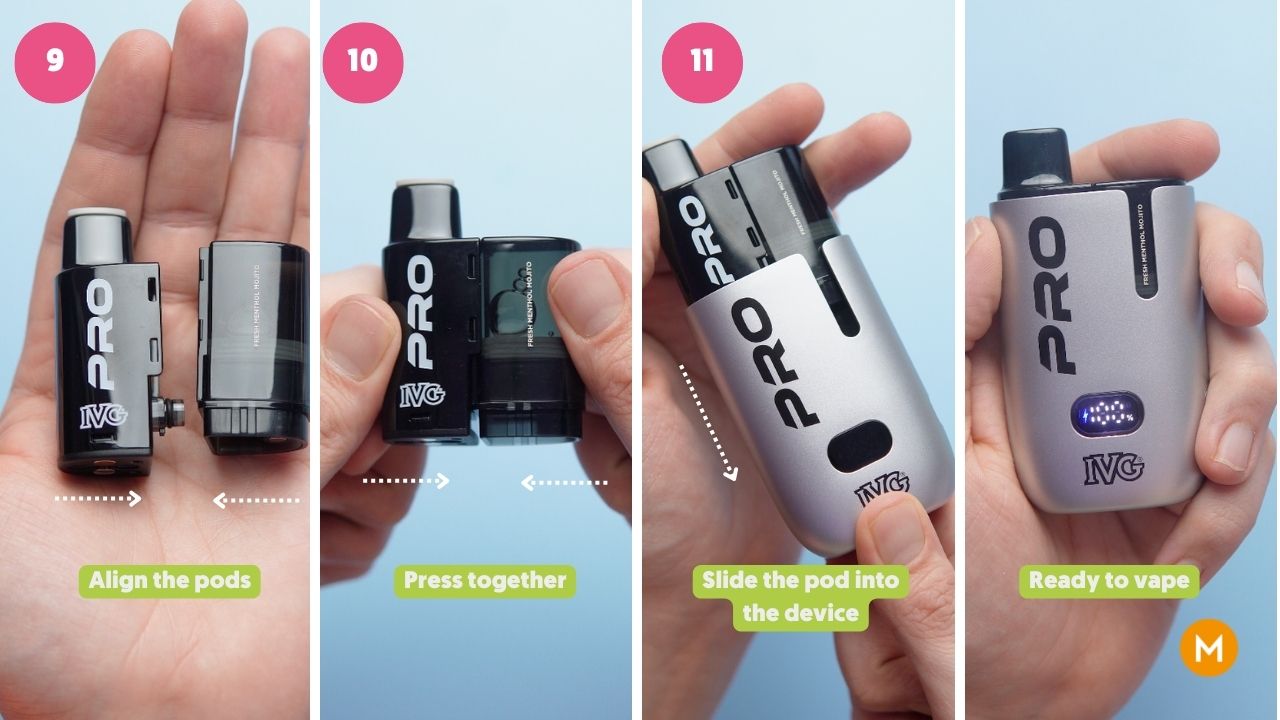 Photo showing how to connect the pods and insert into the mod of the IVG Pro 12