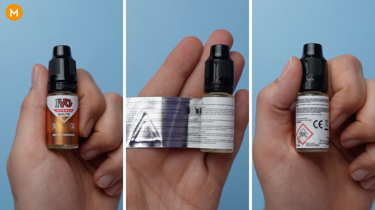 Photo collage showing the bottle and label of an IVG Intense Salt