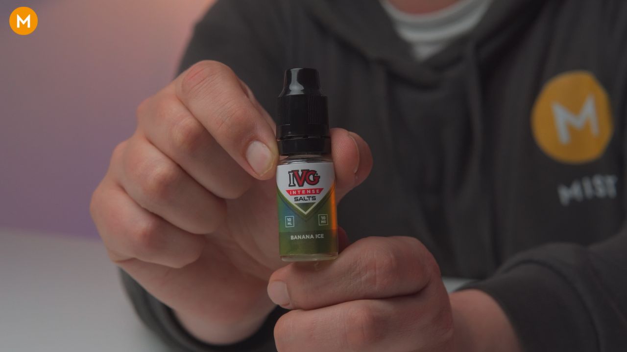 Aiden from MIST holding his favourite IVG Intense Salts flavour, the Banana Ice