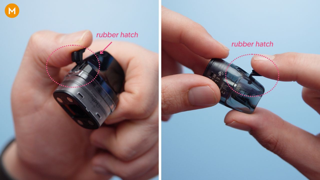 Photo collage showing where the rubber hatch of a pod vape