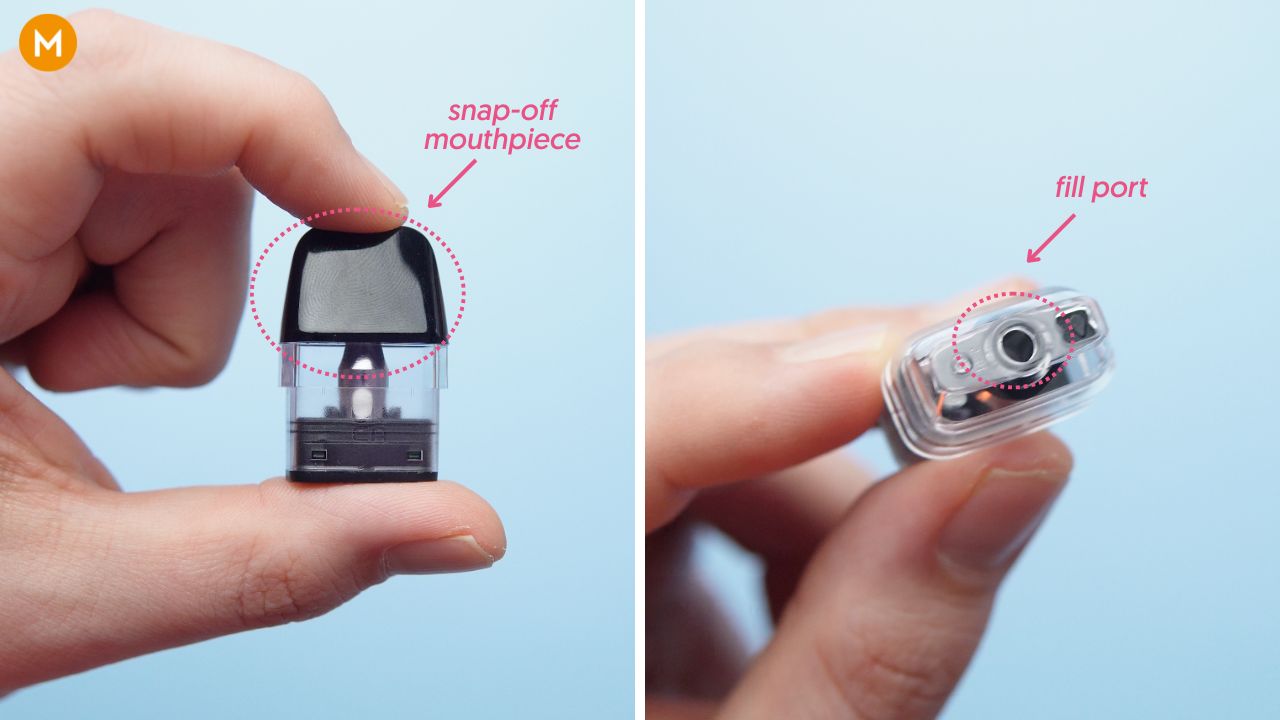Photo collage showing how to access the fill port of a pod with a snap-off mouthpiece