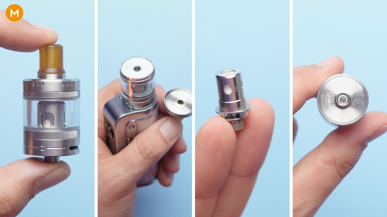 Photo collage showing the tank of the Coolfire Z80 NEX kit, which is the Zenith Minimal Tank