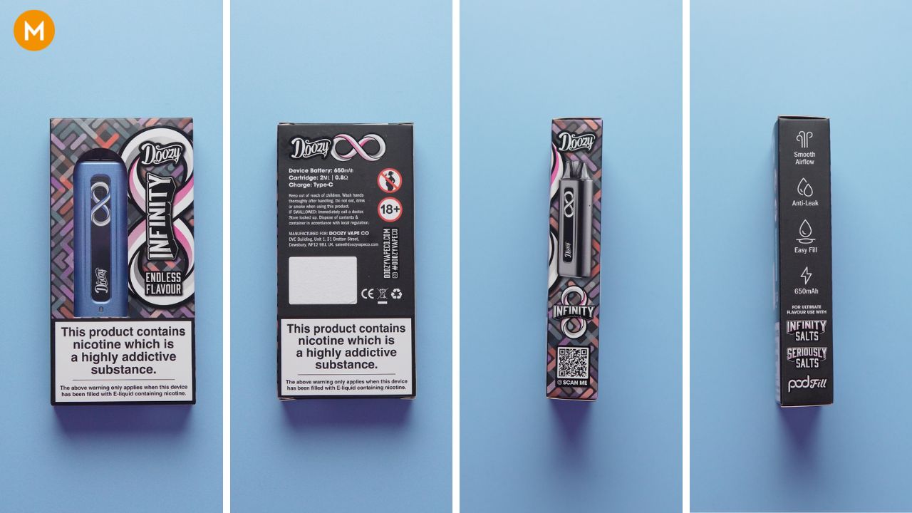 Photo collage showing the packaging of the Doozy Infinity pod vape kit.