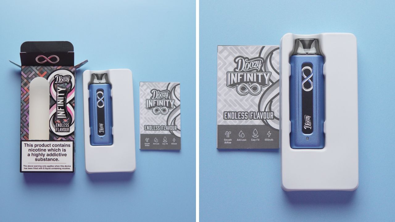 Photo showing the packaging and contents of the Doozy Infinity vape