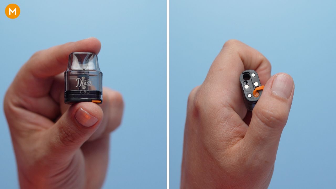 Photo collage showing the Doozy Infinity pod and its bottom refill port