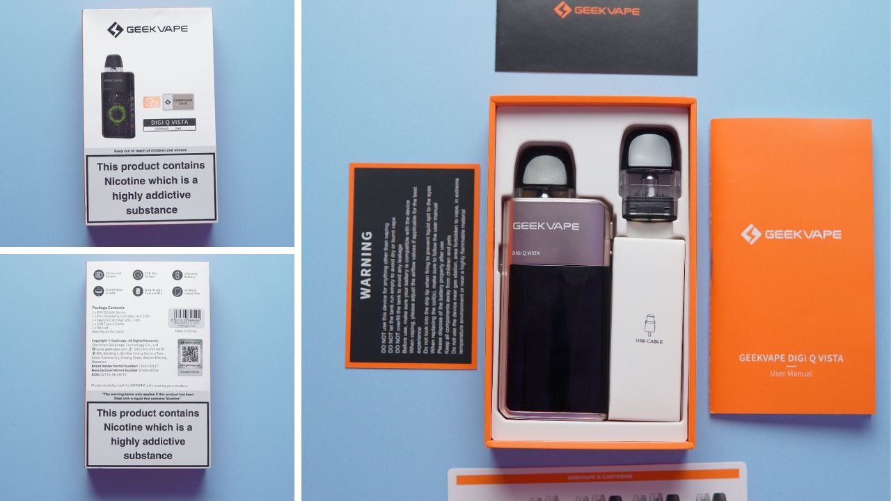 Photo collage showing the packaging and the contents of the Geekvape Digi Q Vista