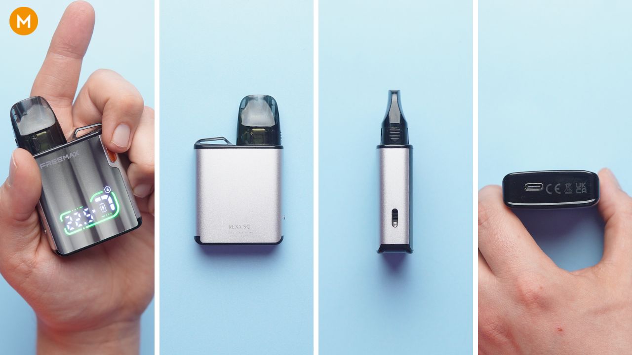 Photo collage showing the build quality and design of the FreeMax Rexa SQ kvape