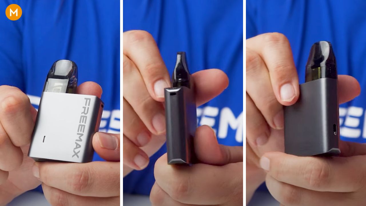 Photo collage showing the deign and features of the FreeMax Rexa Nano