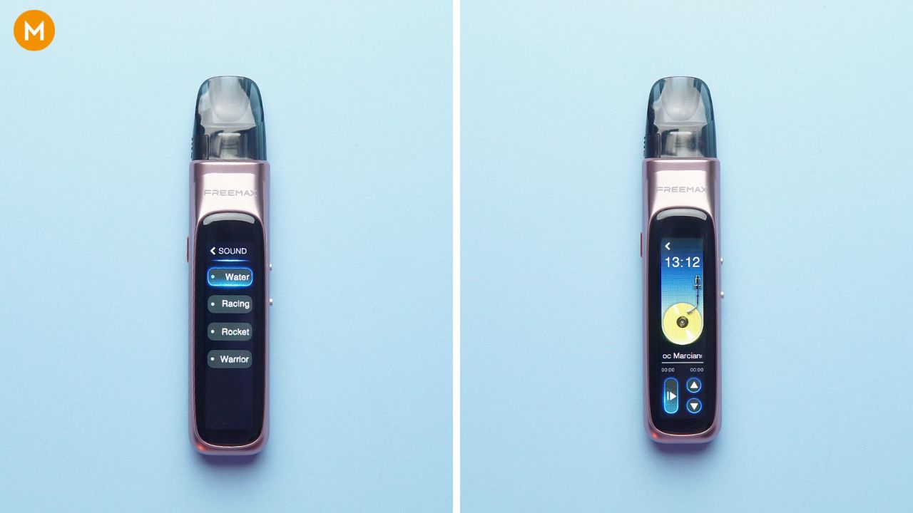 Photo collage showing the music feature of the FreeMax Rexa Pro