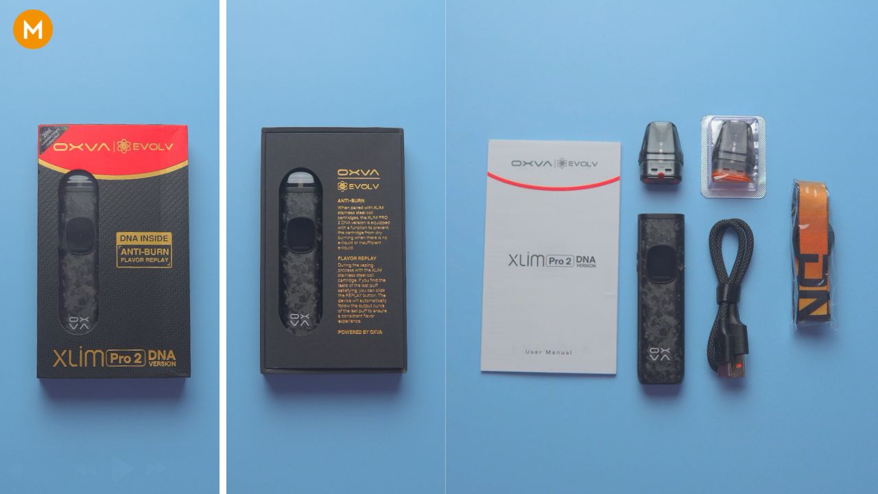 Photo showing the packagin and the contents of the OXVA XLIM Pro 2 DNA