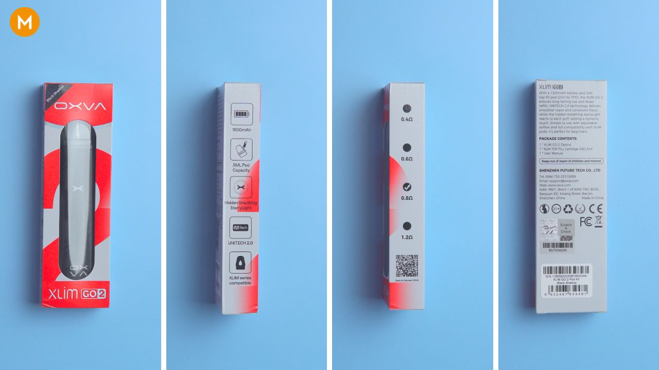 Photo collage showing the packaging of the OXVA XLIM Go 2