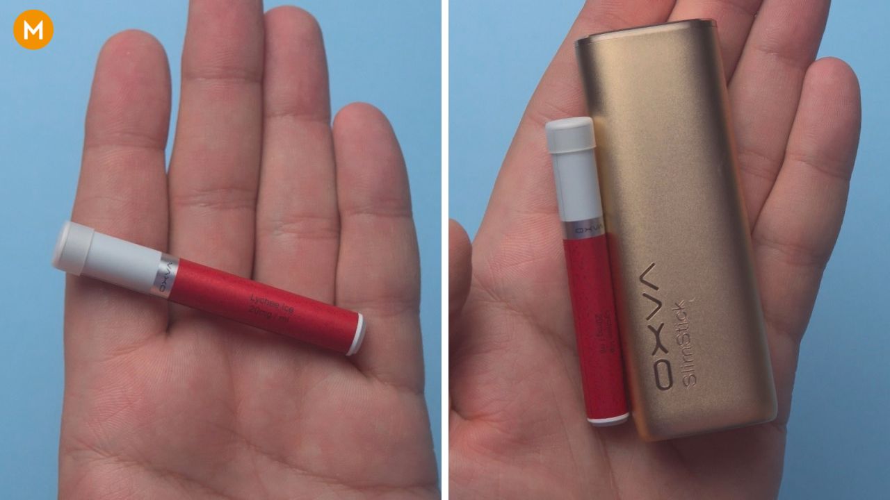 Photo collage showing the cartridge and mod of the OXVA Slimstick