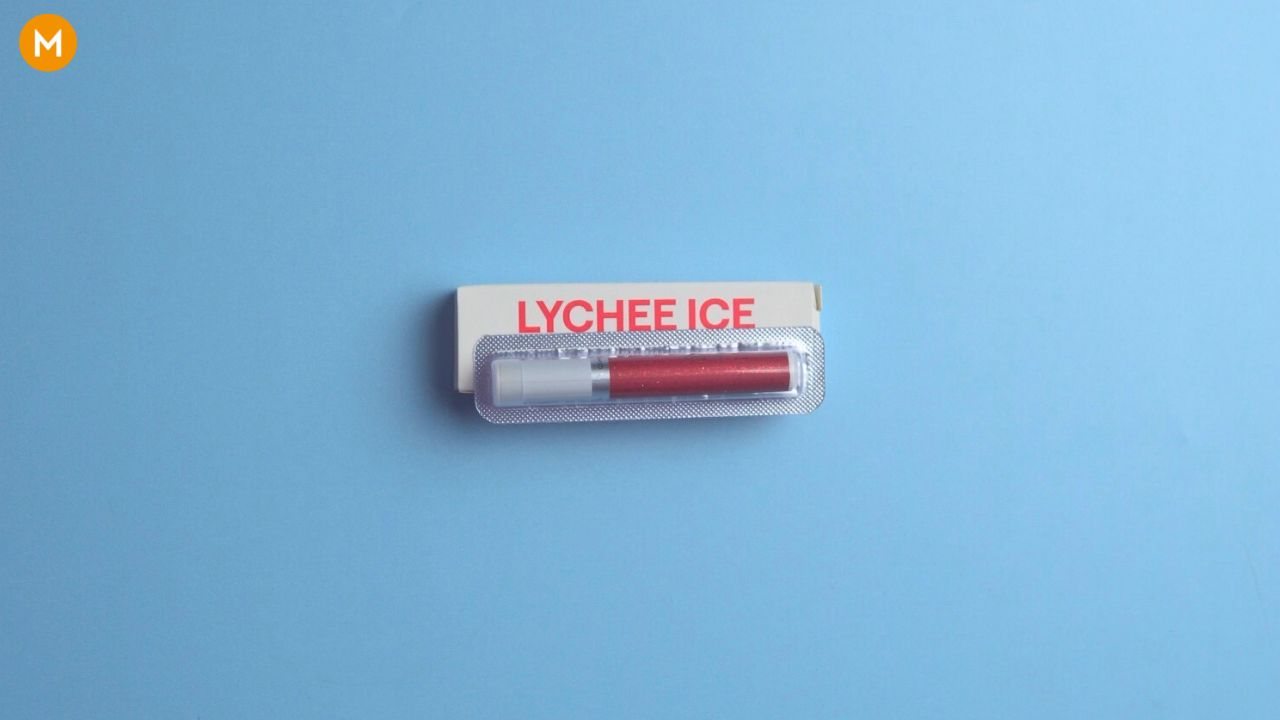 Photo collage showing the lychee ice cartridge for the Slimstick