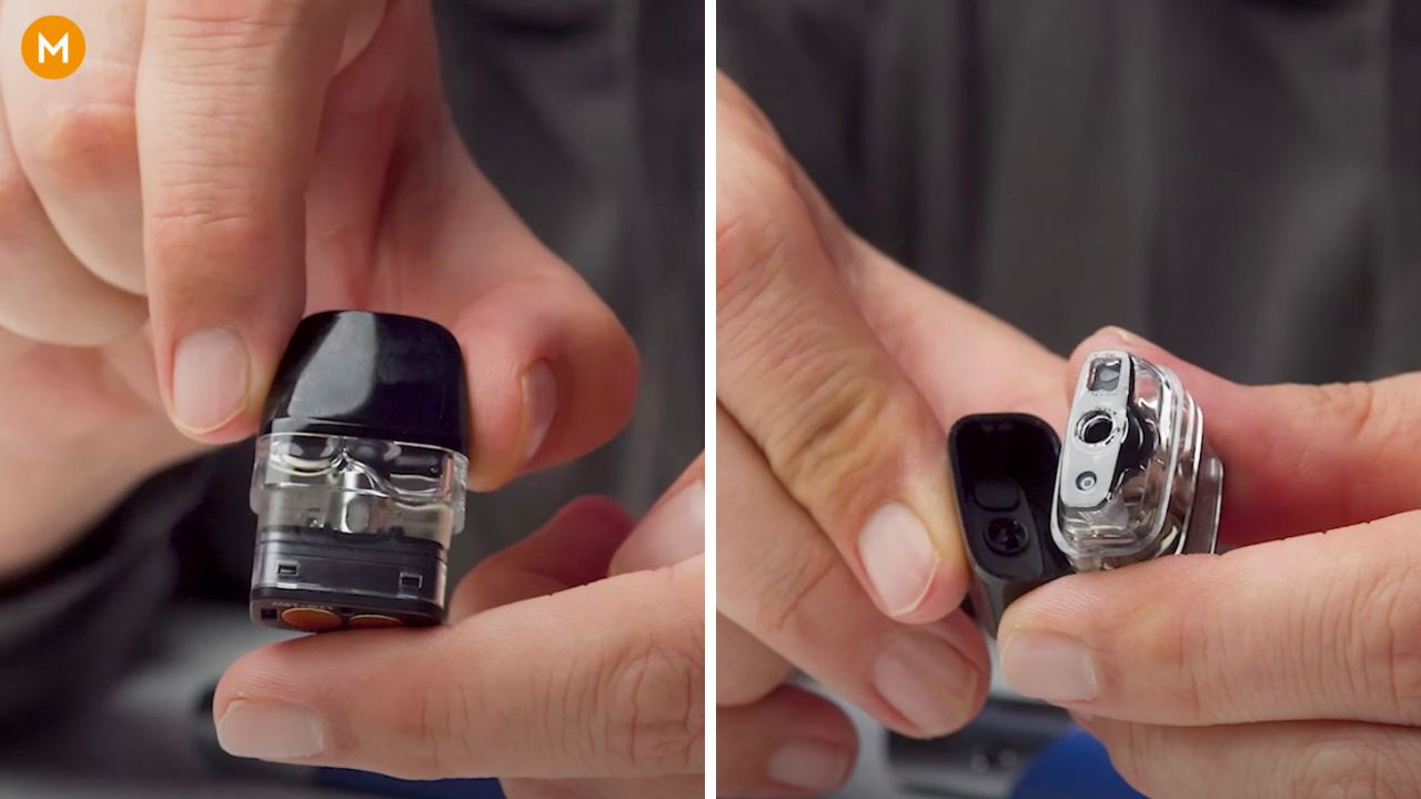 Photo collage showing the cartridge or pod tank of the Wenax Q2 cartridge. 