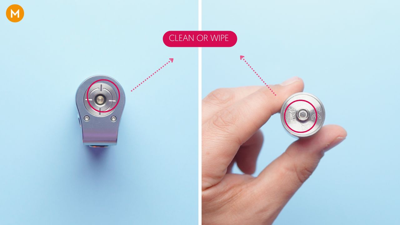 Photo showing where to clean the connection points of a vape 