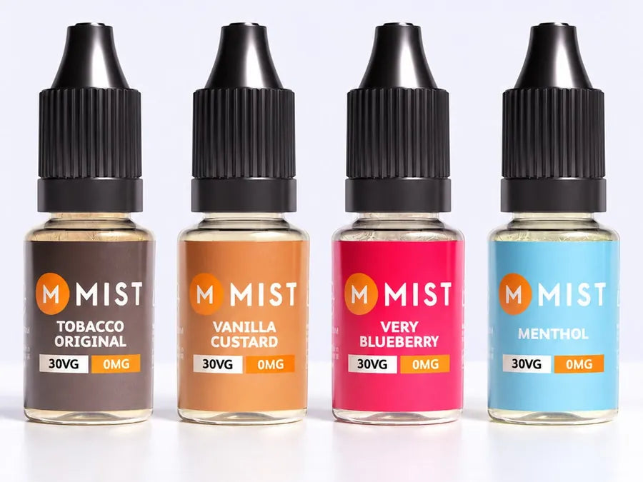 Four MIST Originals 10ml bottles: Tobacco Original, Vanilla Custard, Very Blueberry and Menthol