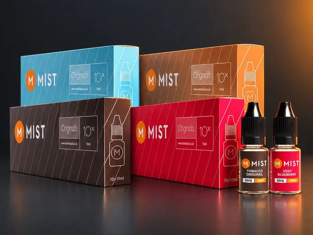 MIST Originals boxes of ten and 10ml bottles in Tobacco Original, Menthol, Very Blueberry and Vanilla Custard