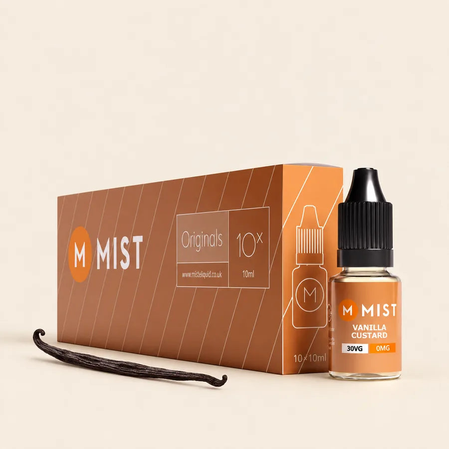 MIST Vanilla Custard 10 x 10ml box and 10ml bottle with a vanilla pod
